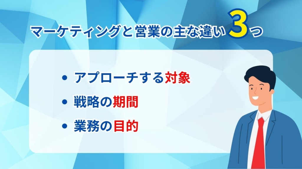 マーケティングと営業の主な違い3つ
